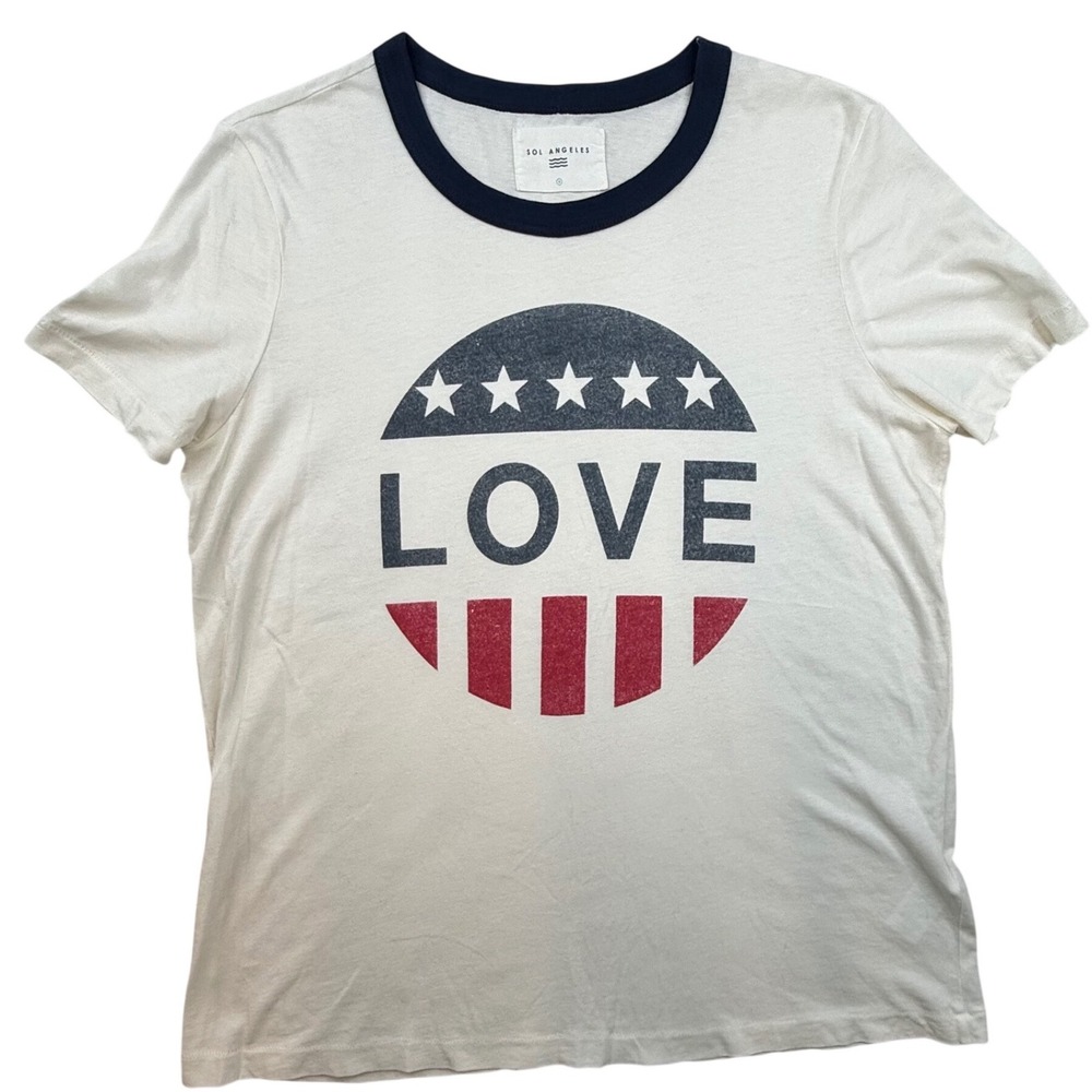 Sol Angeles Womens Love Ringer T-Shirt Patriotic Stars Stripes Sm thin retro - Picture 2 of 8